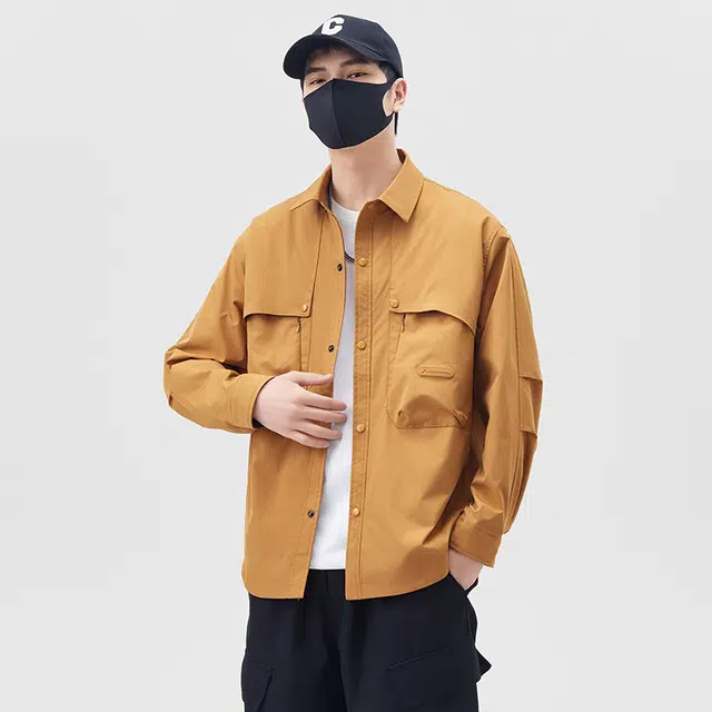 羽浅 山系机能工装大口袋衬衫翻领外套男春秋季青年时尚单排扣纯色夹克 男款