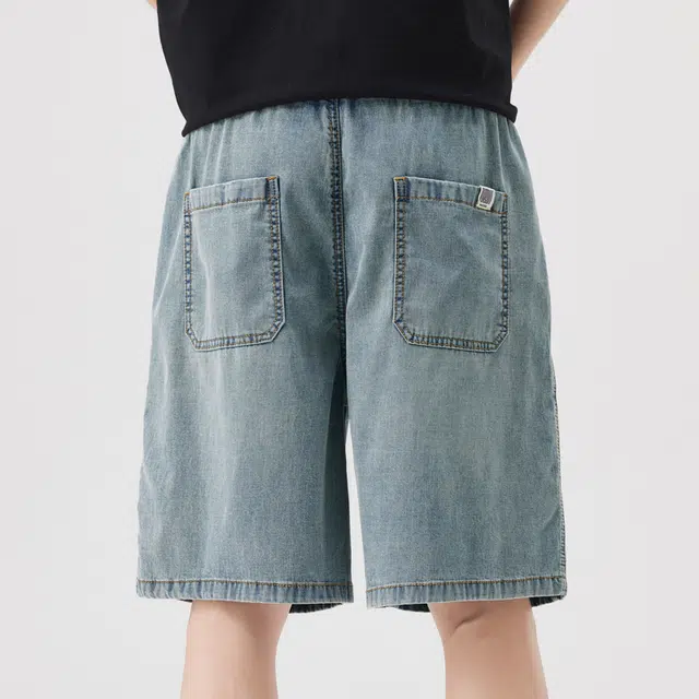 羽浅 薄款潮牌水洗宽松休闲设计感复古五分裤牛仔短裤 男女同款