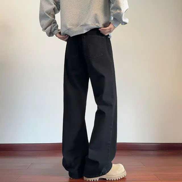 羽浅 纯色宽松时尚微喇垂感休闲百搭优雅直筒牛仔裤 男女同款 黑色