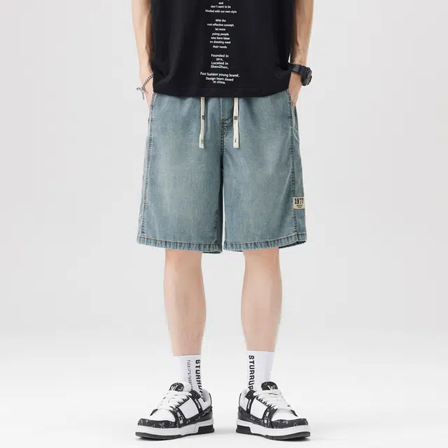 羽浅 薄款潮牌水洗宽松休闲设计感复古五分裤牛仔短裤 男女同款