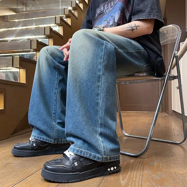 羽浅 春夏季直筒休闲青少年美式高街潮牌阔腿百搭宽松牛仔裤 男款