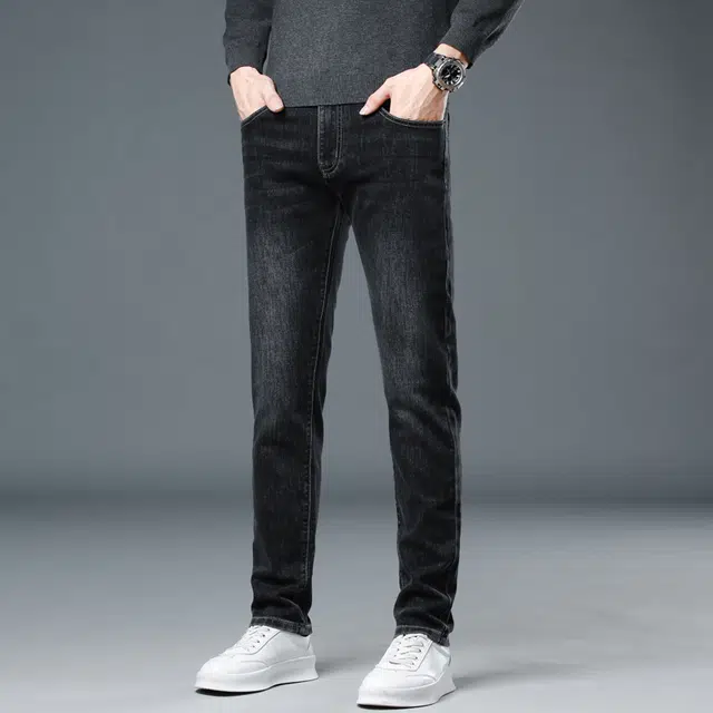 羽浅 秋冬厚款棉弹舒适百搭长裤时尚刺绣休闲弹力裤子潮流修身直筒牛仔裤 男款