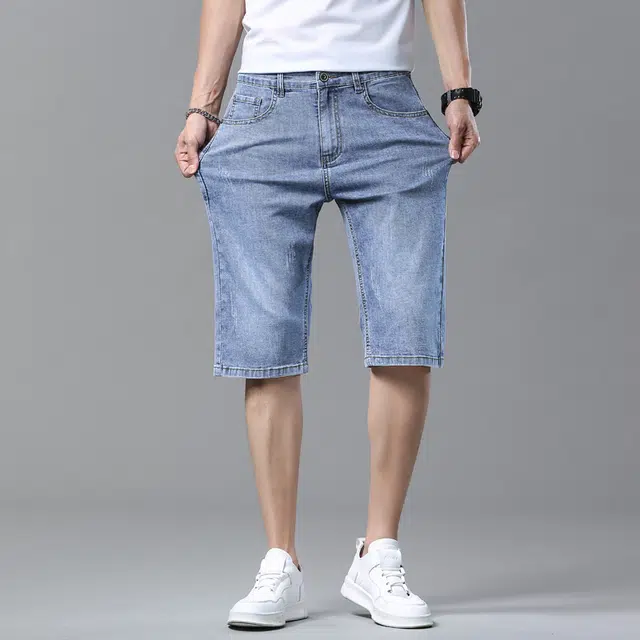 羽浅 男士夏季薄款潮流宽松直筒五分裤水洗休闲中裤弹力裤子男牛仔短裤 男女同款
