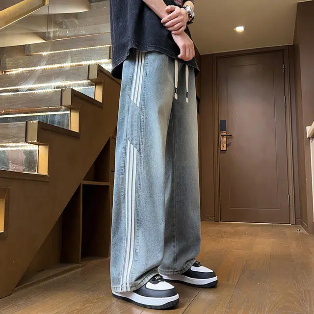 羽浅 春夏高街宽松休闲长裤美式复古直筒牛仔裤 男款