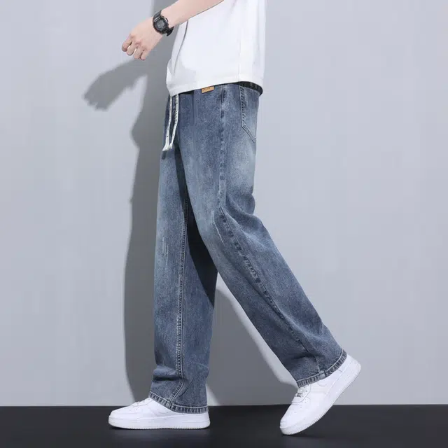 羽浅 耐磨耐脏松紧腰男宽松阔腿复古潮牌休闲工作直筒裤夏季牛仔裤 男女同款