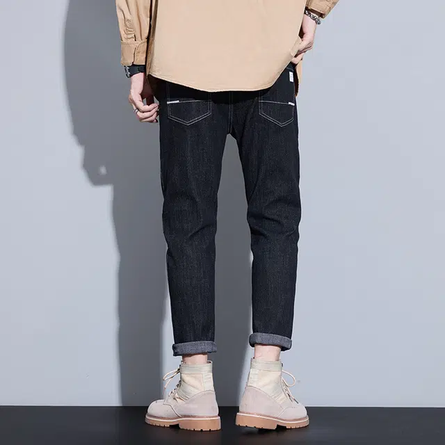 羽浅 秋冬款潮牌百搭弹力九分裤时尚后袋刺绣小标识棉弹耐磨裤子潮流修身牛仔裤 男款