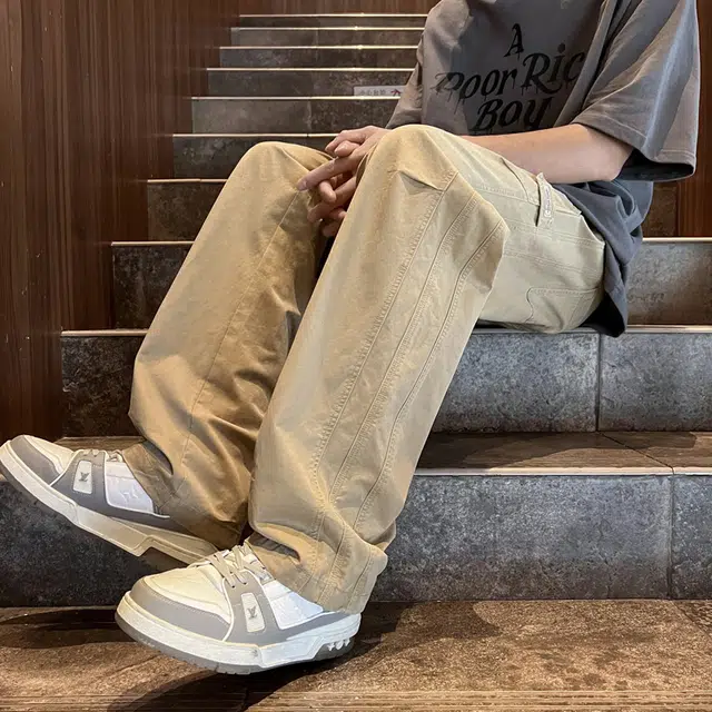 羽浅 美式宽松直筒薄款纯棉工装褶皱条纹设计感简约百搭阔腿休闲裤 男款