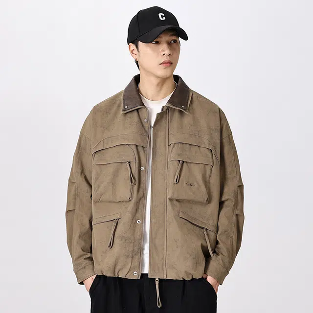 羽浅 美式复古多口袋工装外套春秋潮牌翻领宽松休闲上衣服夹克 男款