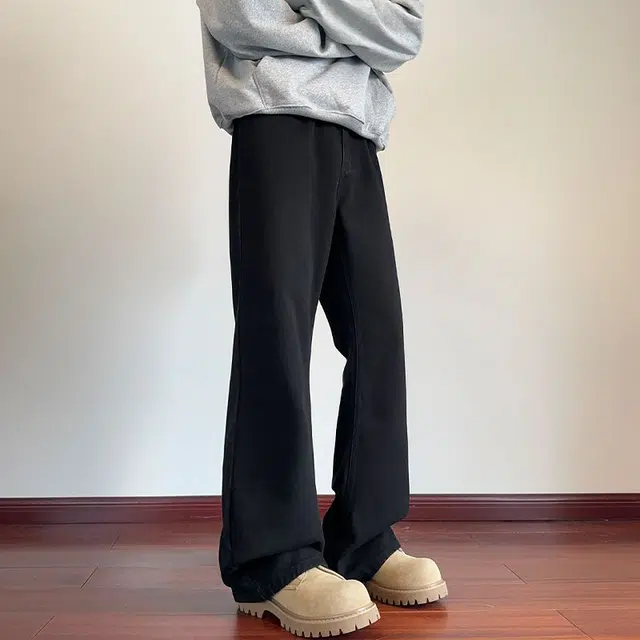 羽浅 纯色宽松时尚微喇垂感休闲百搭优雅直筒牛仔裤 男女同款 黑色