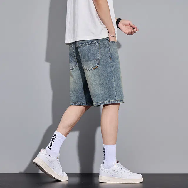 羽浅 水洗做旧直筒美式痞帅外穿中裤潮牌宽松休闲五分牛仔短裤 男女同款 怀旧蓝