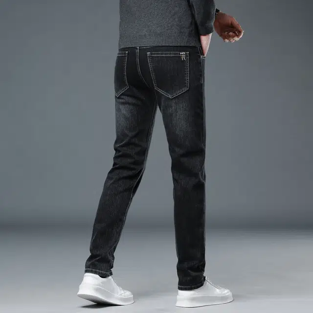 羽浅 秋冬厚款棉弹舒适百搭长裤时尚刺绣休闲弹力裤子潮流修身直筒牛仔裤 男款