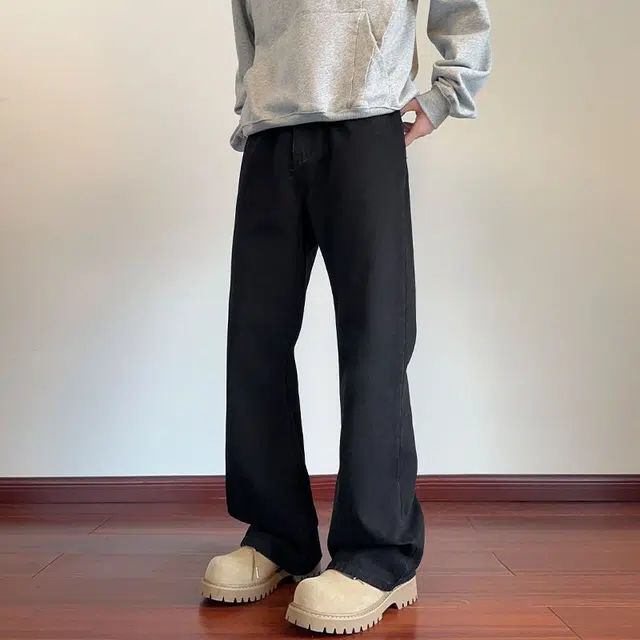 羽浅 纯色宽松时尚微喇垂感休闲百搭优雅直筒牛仔裤 男女同款 黑色