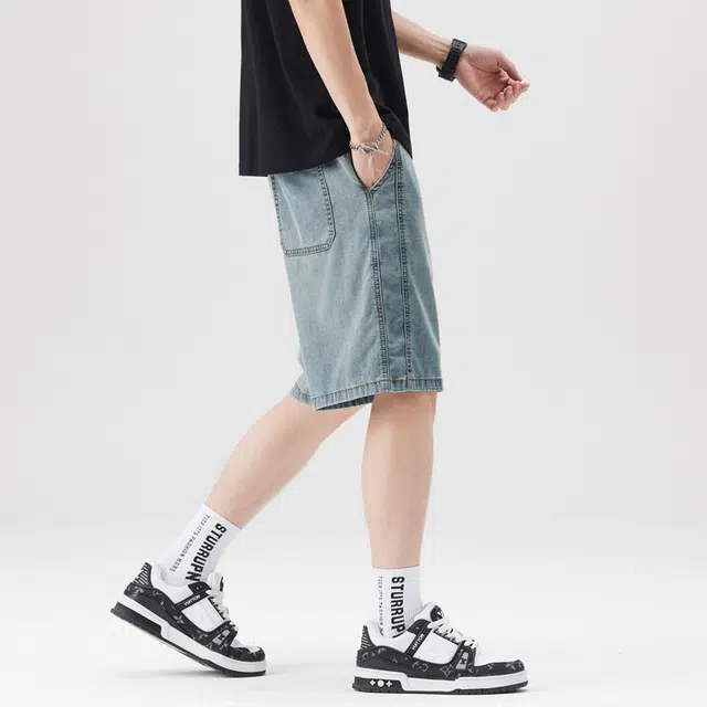 羽浅 薄款潮牌水洗宽松休闲设计感复古五分裤牛仔短裤 男女同款