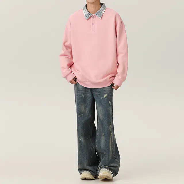羽浅 潮流美式街头休闲宽松格子翻领上衣时尚百搭假两件学生衣服春秋季套头卫衣 男款
