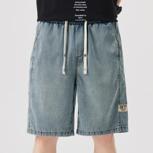 羽浅 薄款潮牌水洗宽松休闲设计感复古五分裤牛仔短裤 男女同款
