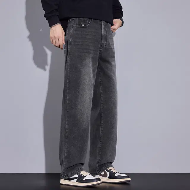 羽浅 秋冬季潮牌休闲百搭显瘦阔腿裤时尚潮流绣标耐磨宽松直筒牛仔裤 男款