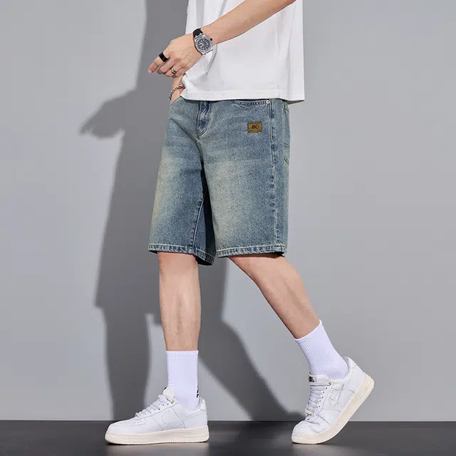 羽浅 水洗做旧直筒美式痞帅外穿中裤潮牌宽松休闲五分牛仔短裤 男女同款 怀旧蓝