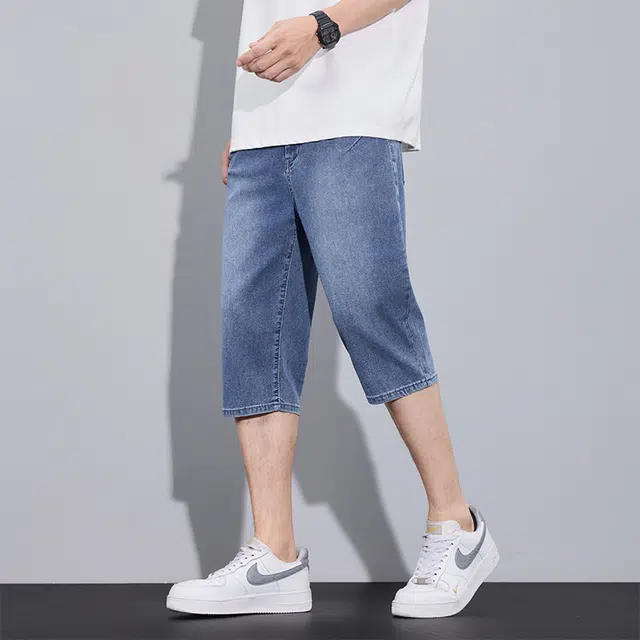 羽浅 薄款七分弹力中裤直筒简约百搭舒适帅气休闲运动牛仔短裤 男款