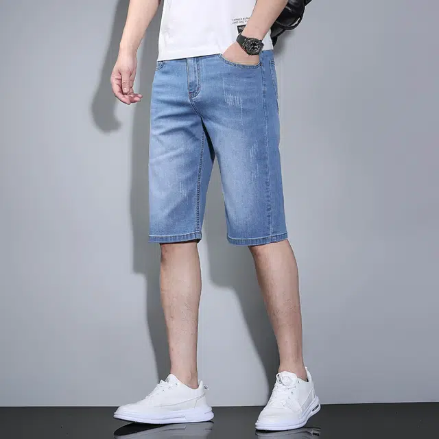 羽浅 男夏季薄款五分裤子男士休闲中裤直筒宽松弹力马裤牛仔短裤 男女同款