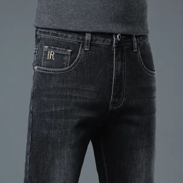 羽浅 秋冬厚款棉弹舒适百搭长裤时尚刺绣休闲弹力裤子潮流修身直筒牛仔裤 男款