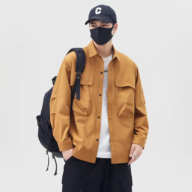 羽浅 山系机能工装大口袋衬衫翻领外套男春秋季青年时尚单排扣纯色夹克 男款