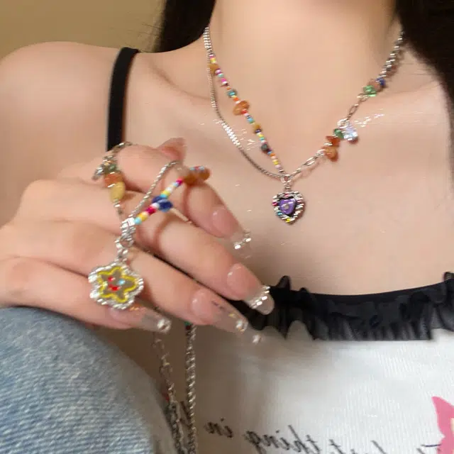 【多巴胺彩色~甜酷辣妹】 攸委 可爱少女心彩虹项链五角星笑脸米珠石头拼接 锁骨链双层叠戴小众设计高级感 合金 时尚百搭网红颈链 女款