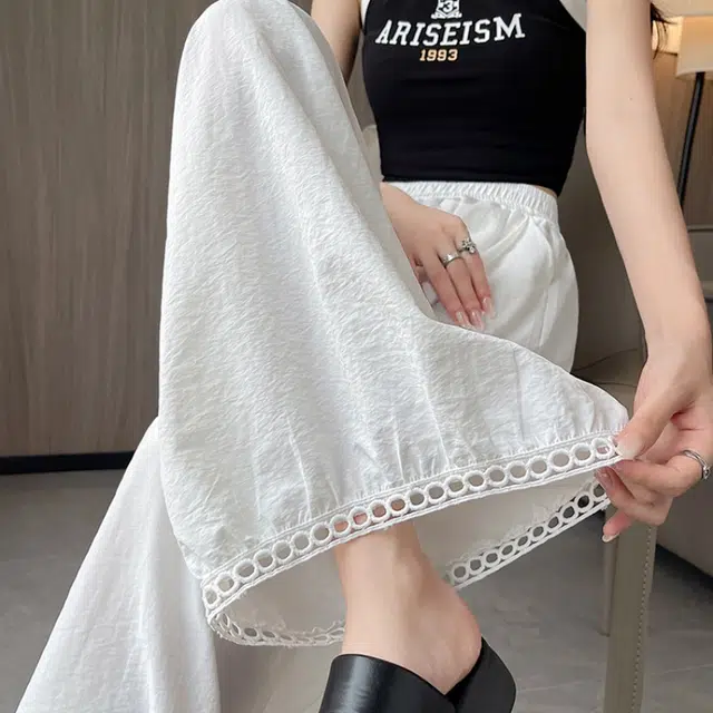 水中花 法式慵懒高腰显瘦阔腿垂感蕾丝拼接百搭宽松休闲裤 女款