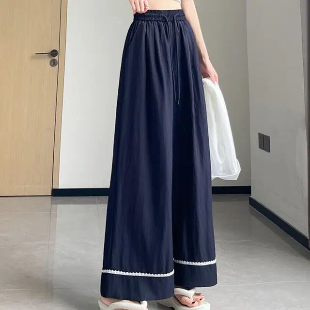 水中花 法式百搭时尚高腰显瘦阔腿垂感蕾丝拼接宽松休闲裤 女款