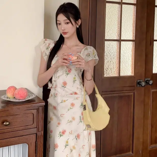 水中花 碎花高腰显瘦法式短袖连衣裙 女款