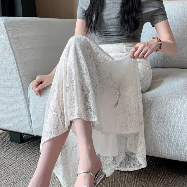 水中花 法式时尚高腰显瘦鱼尾蕾丝拼接修身包臀垂感设计休闲长裙 女款