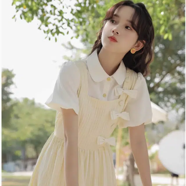 水中花 日系文艺学院风可爱甜美小清新气质淑女收腰显瘦短袖连衣裙 女款