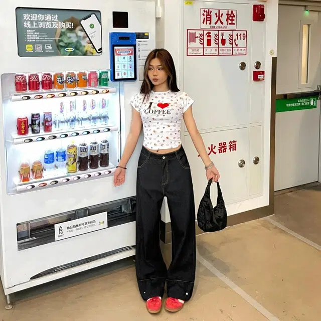 水中花 翻边阔腿宽松显瘦长裤牛仔裤 男女同款 黑色