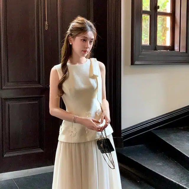 水中花 立体花纱裙仙女长裙掐腰裙无袖连衣裙 女款