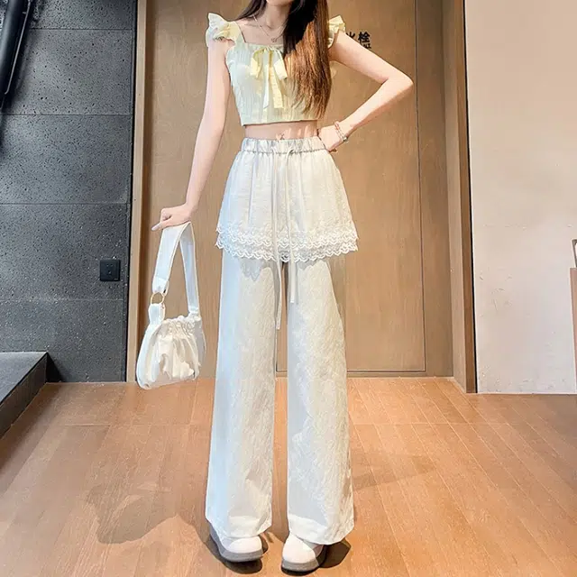 水中花 高腰显瘦蕾丝拼接阔腿垂感宽松时尚百搭长裤休闲裤 女款