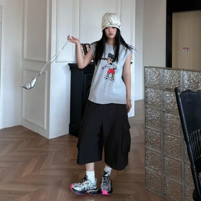 水中花 宽松显瘦设计感小众阔腿工装短裤 男女同款 黑色