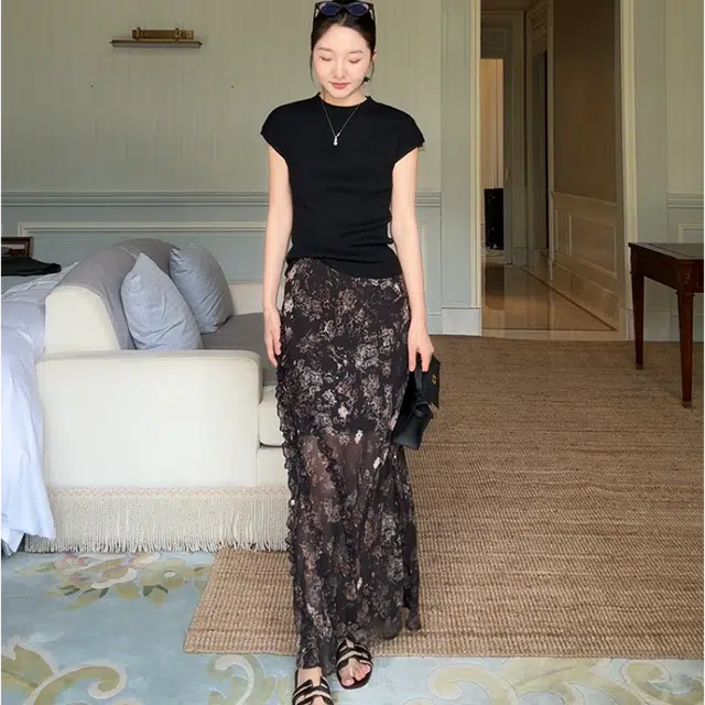 水中花 韩版鱼尾裙摆印花设计高腰修身垂感优雅休闲长裙 女款