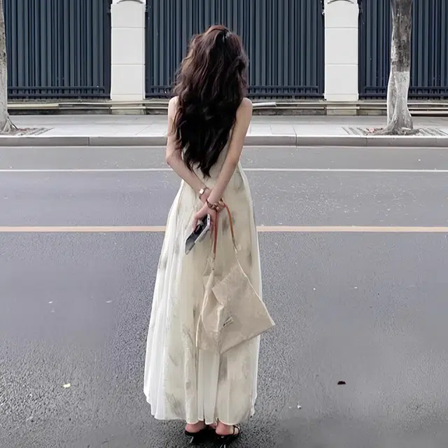 水中花 新中式小众设计感复古优雅水墨气质国风吊带连衣裙 女款