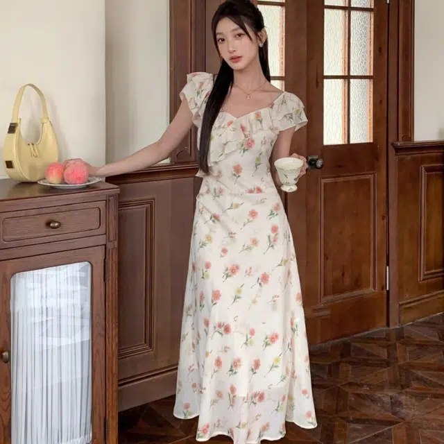 水中花 碎花高腰显瘦法式短袖连衣裙 女款