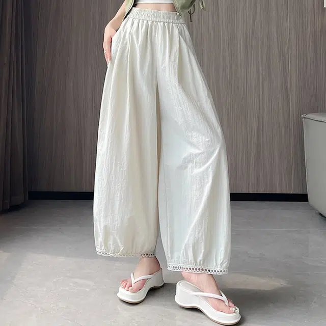 水中花 法式慵懒高腰显瘦阔腿垂感蕾丝拼接百搭宽松休闲裤 女款