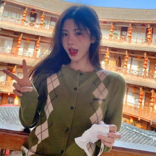 水中花 菱形格子纯羊毛开衫单排扣长袖针织衫 男女同款 绿色