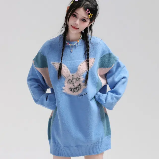 水中花 复古兔子刺绣圆领针织打底衫长袖毛衣 女款