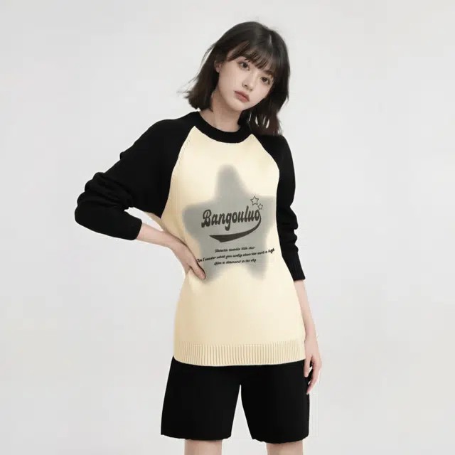 水中花 插肩刺绣星星圆领毛衣 女款