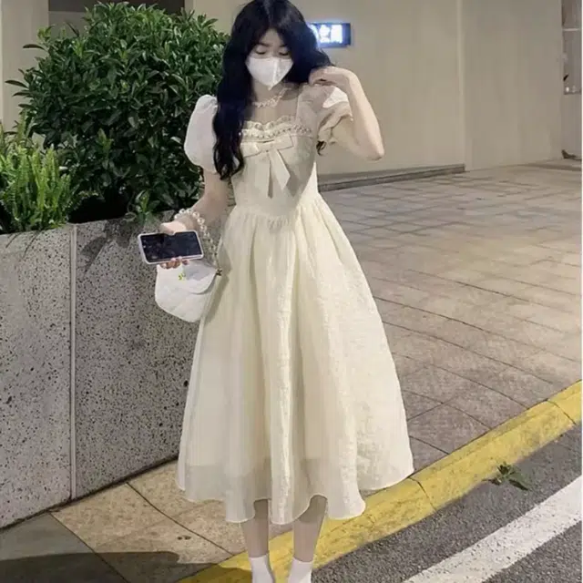 水中花 夏季 复古甜美可爱小众设计感蝴蝶结泡泡袖公主短袖连衣裙 女款