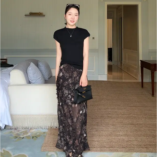 水中花 韩版鱼尾裙摆印花设计高腰修身垂感优雅休闲长裙 女款