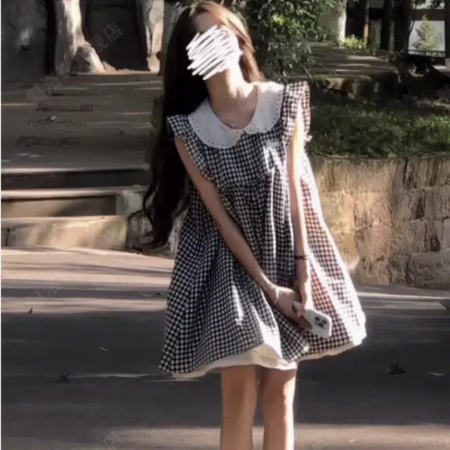 水中花 法式甜美坎肩小个子裙子娃娃领格子裙飞飞袖气质无袖连衣裙 女款