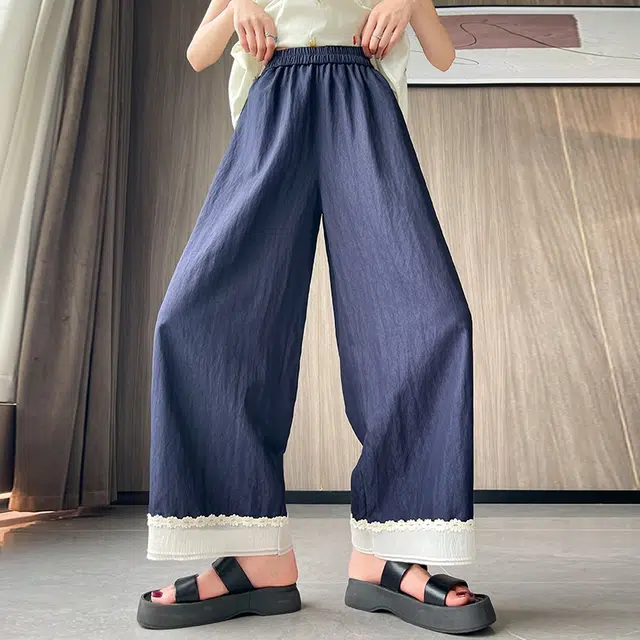 水中花 法式潮流时尚高腰显瘦蕾丝拼接垂感阔腿百搭休闲裤 女款