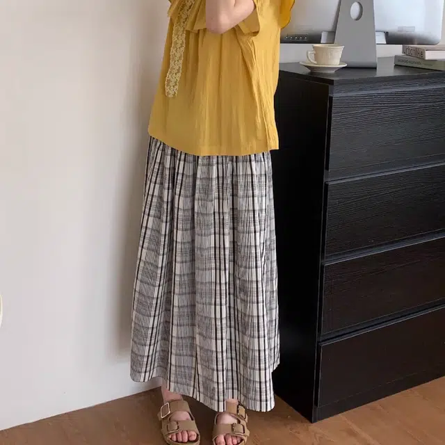 水中花 复古宽松设计感格子高腰显瘦松紧腰小众高级百搭休闲长裙 女款