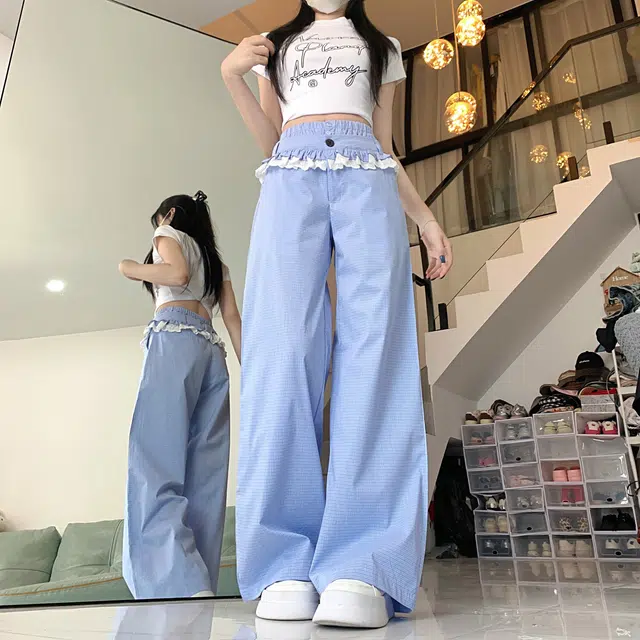 水中花 韩版时尚高腰阔腿蕾丝花边格纹宽松透气休闲裤 女款