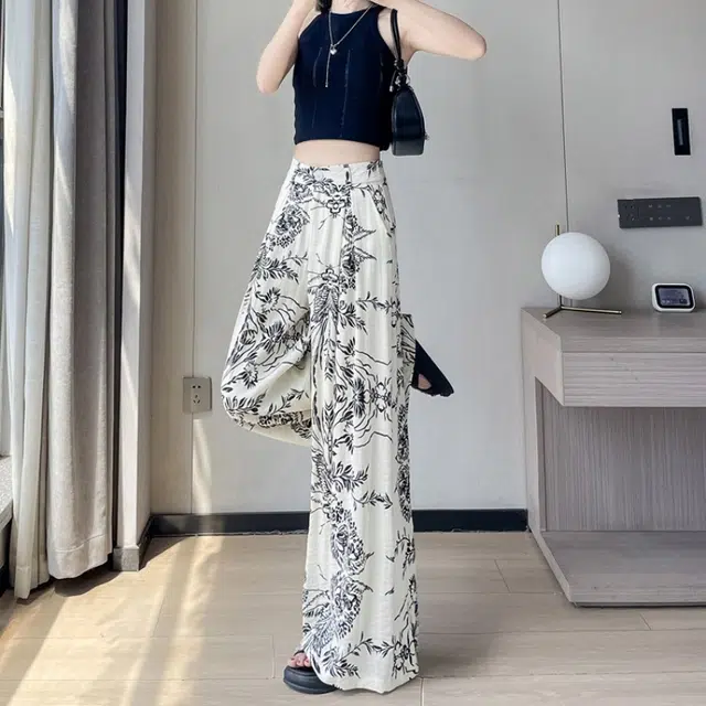 水中花 复古时尚慵懒风碎花高腰阔腿宽松显瘦垂感百搭休闲裤 女款