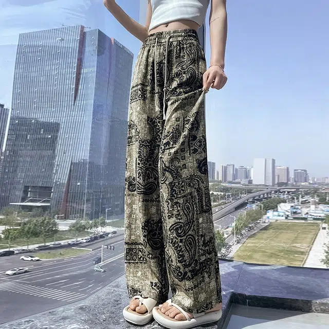 水中花 复古印花阔腿显瘦亚麻透气直筒长裤免烫处理百搭高级感休闲裤 女款